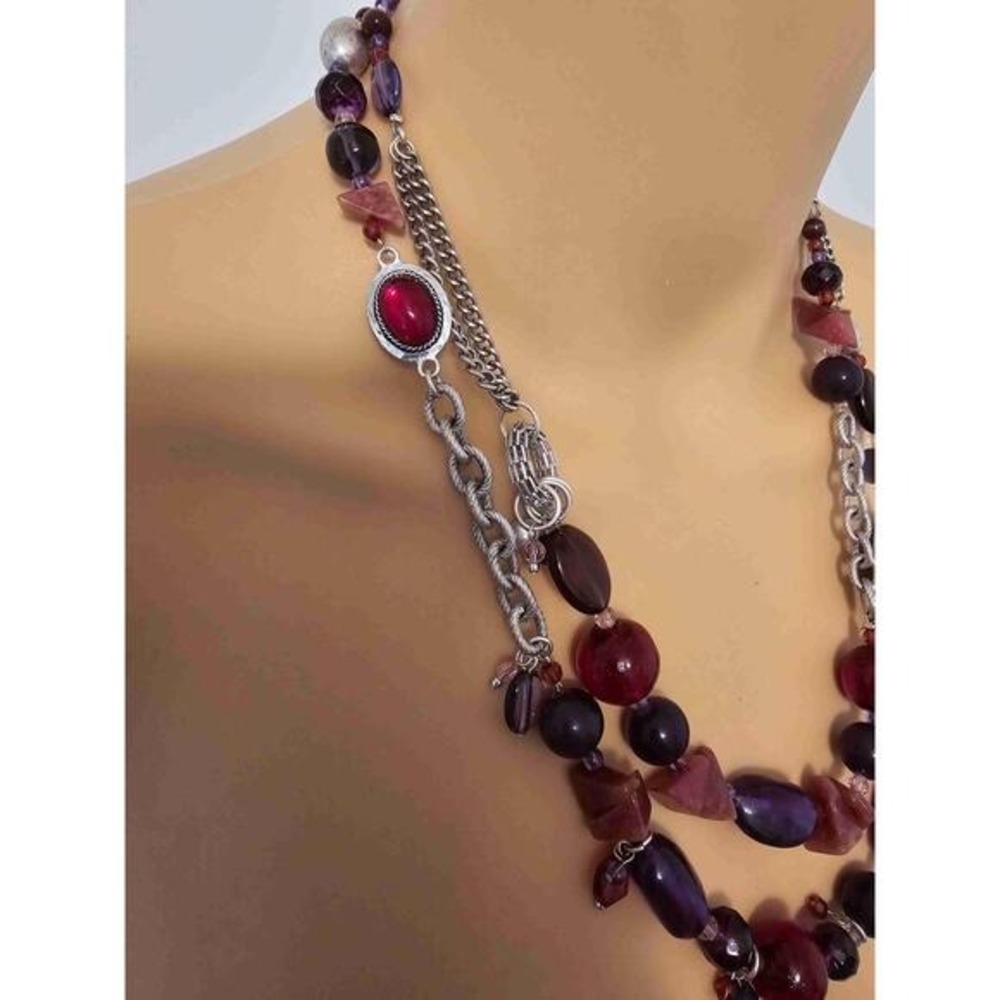 Coldwater Creek Red Purple Silver Beaded Multi Strand Necklace - Picture 4 of 14